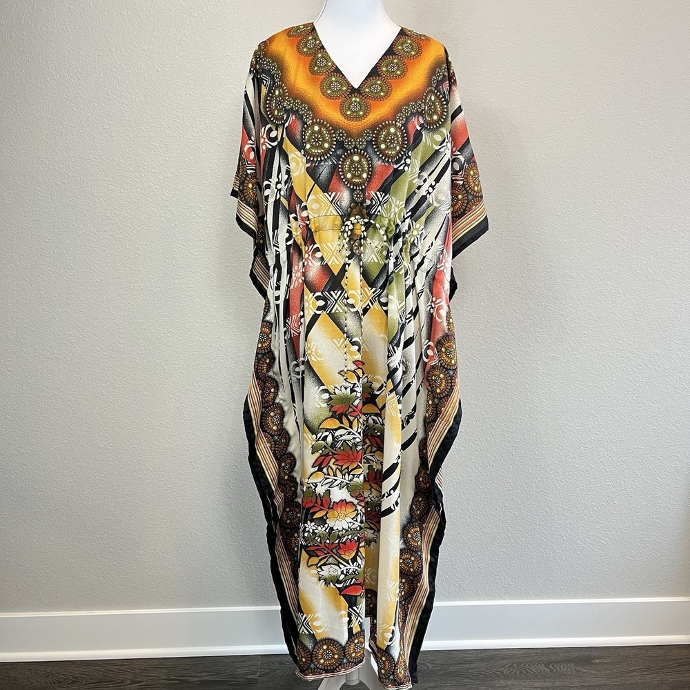 Womens Boho Kaftan Coverup Viscose Floral Dashiki Maxi Boho‎ Festival Resortwear